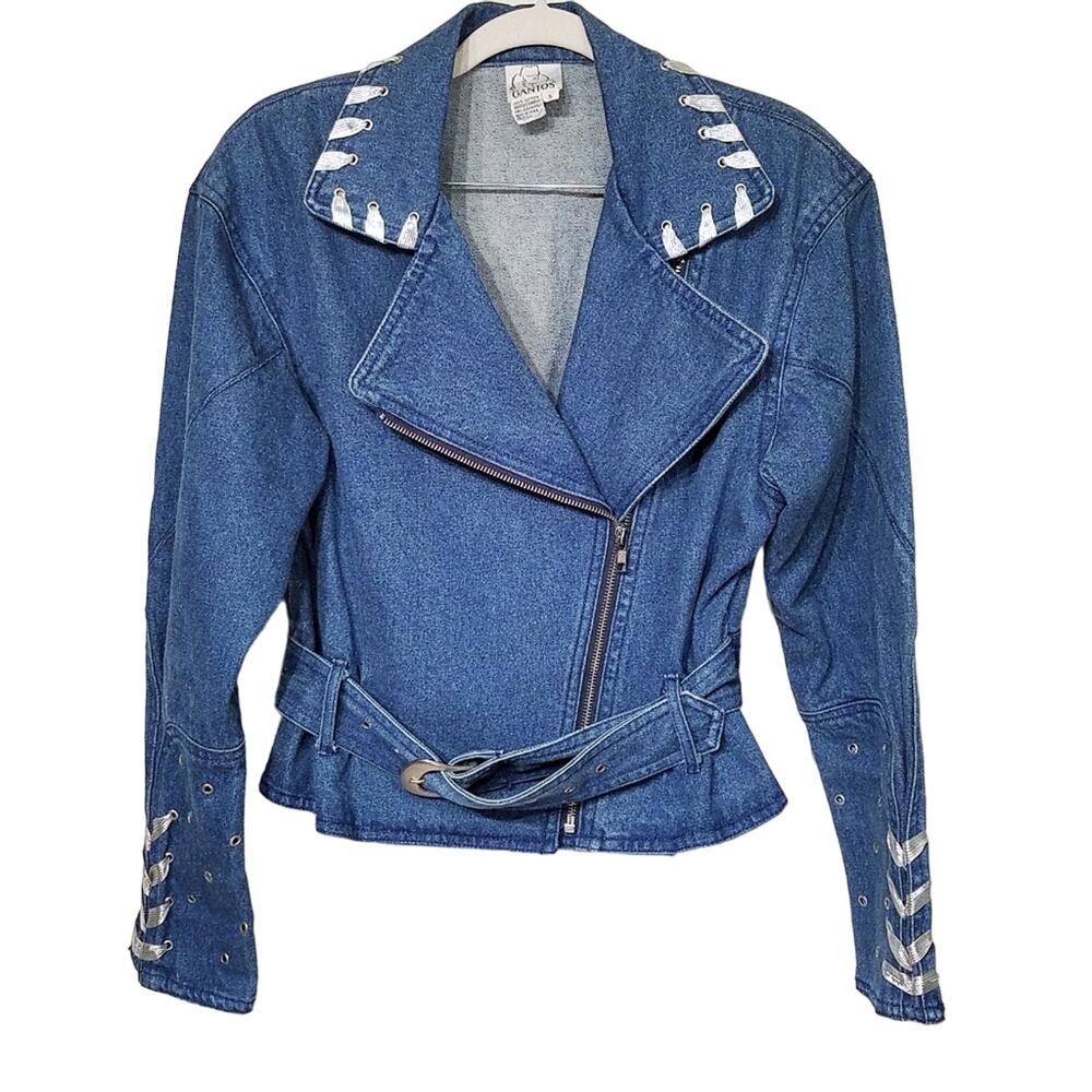 GANTOS Vintage 80's Denim Silver-Laced Motorcycle Jacket Size Small - Picture 3 of 10